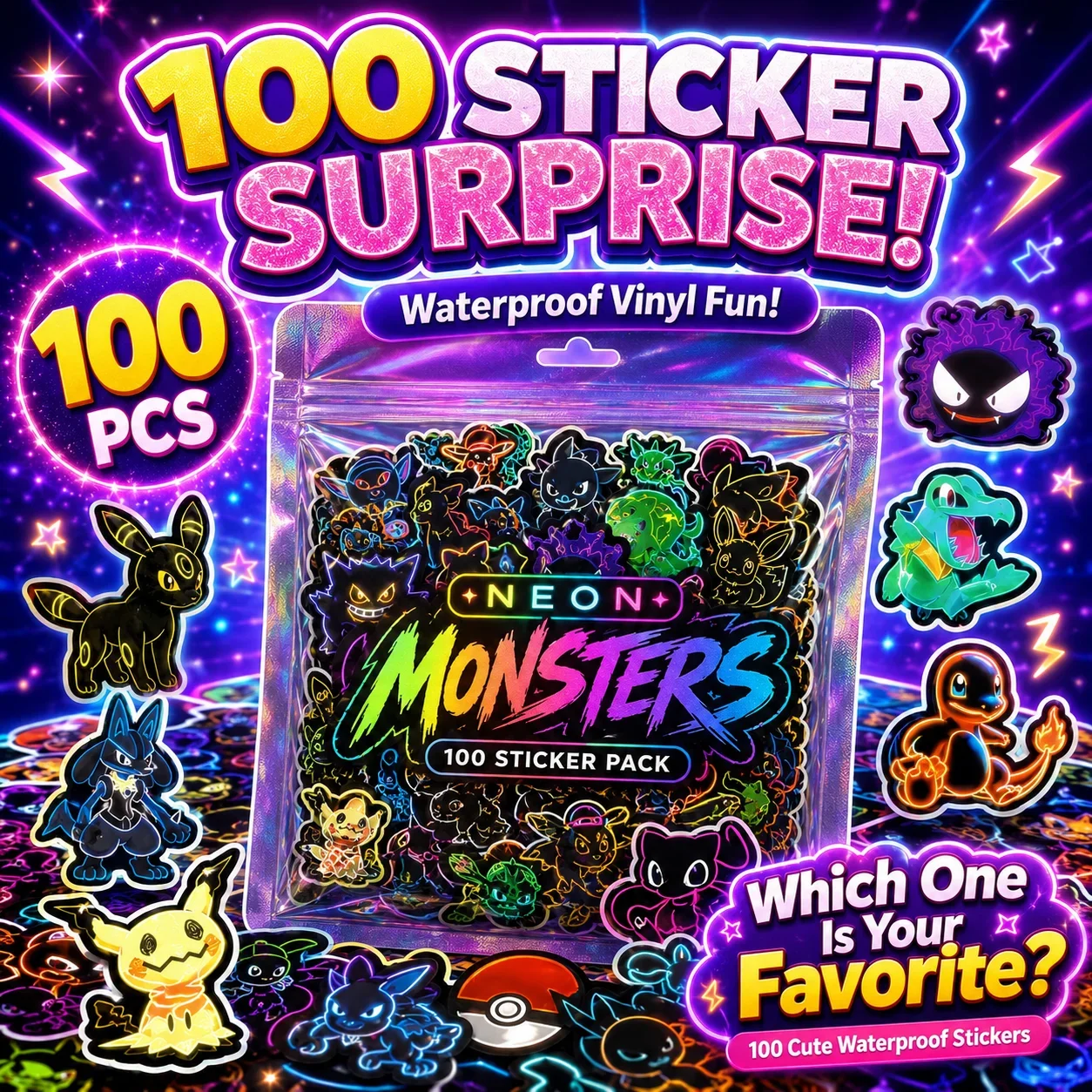 Laptops - 100 adet Neon Pokémon Sticker'ı, Su